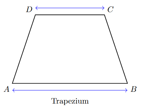 A trapezium with one pair of parallel sides indicated by arrows.